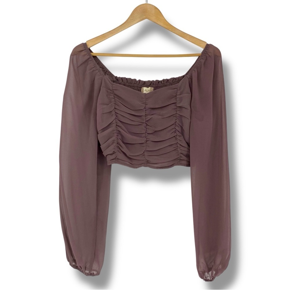 Altard State Mauve Sheer Long Sleeve Ruched Cropped Women's Top Sz Medium
